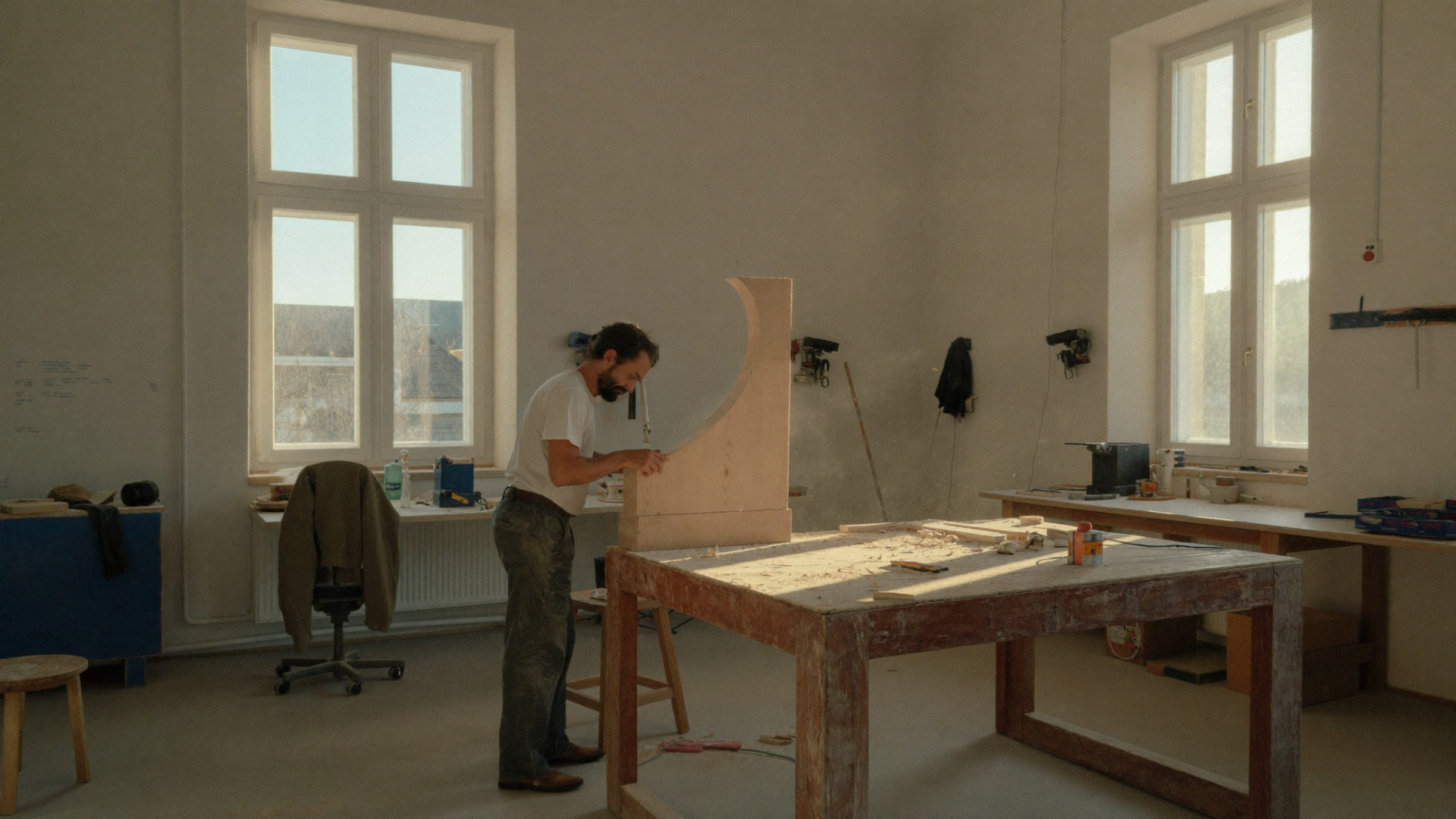 Vakman werkt aan een houten werkstuk in een werkplaats met warm middaglicht.