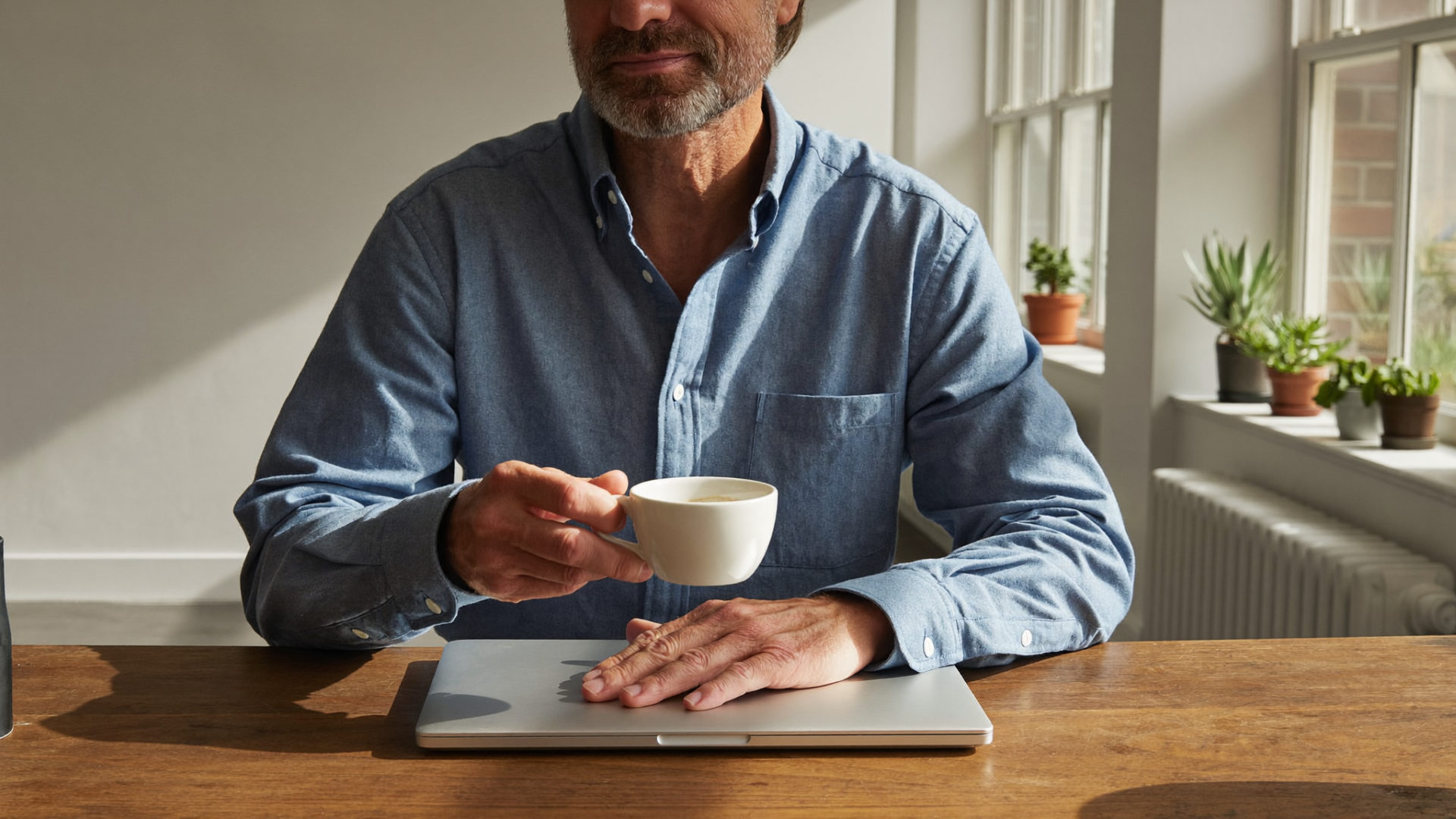 Ondernemer drinkt koffie en kijkt naar een laptop in een licht kantoor met ochtendlicht.
